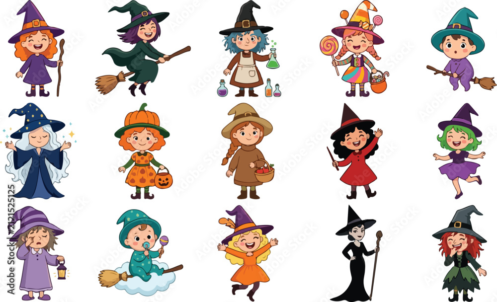 Fototapeta premium Cute Kawaii Little Witch Characters Halloween Vector Set Illustration Graphic Design Elements, Sticker Bundle