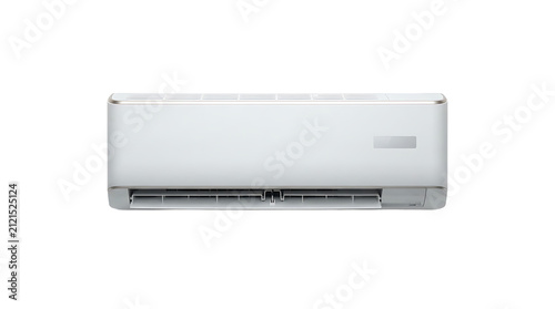 White wall-mounted air conditioner unit with horizontal vents, isolated on a white background, for climate control, and cooling