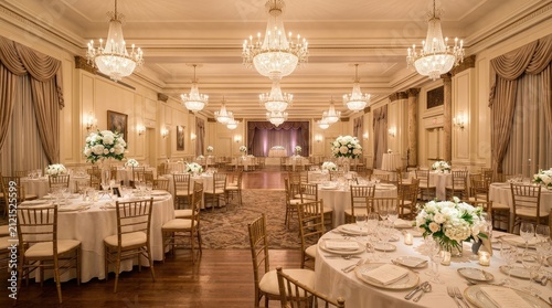 A grand ballroom is decorated for a wedding reception. The room features ornate chandeliers, draped curtains, and long tables set with white linens and gold tableware.
