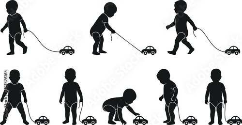 Baby Silhouette Vector Set with Toddler Playing and Pulling Toy Car in Different Walking Poses for Children Designs