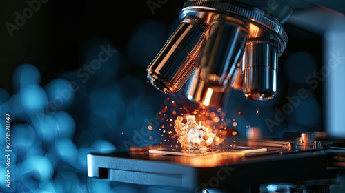 Close-up of a scientific instrument magnifying a glowing, intricate sample