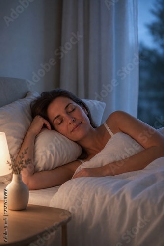 Woman sleeping peacefully in bed at night. Young lady resting in comfortable bedroom with warm nightstand lighting. Concept of healthy sleep, relaxation, comfort and home lifestyle.
