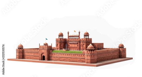 Detailed Miniature Red Sandstone Fortress Model Representing Historical Indian Architectural Heritage Design Isolated on White Background