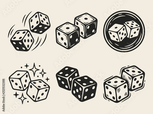 Dice set linocut illustration, six gambling symbol icons on cream background, hand drawn woodblock doodle for game and luck concept