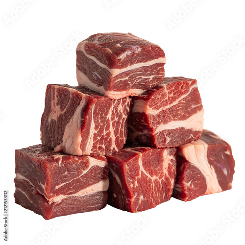 Fotografía Fresh raw beef meat cubes stacked in a pyramid arrangement with culinary
