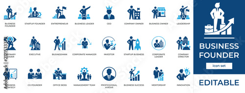 Business Founder, Startup Entrepreneur, and Corporate Leadership Solid Icon Set. Management Team and Visionary Executive Vector Illustrations .

