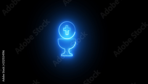 Glowing neon blue icon of a christian chalice and cross symbol with religion christianity spirituality communion minimalist isolated