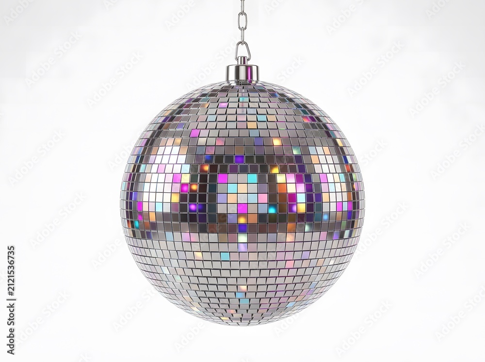 Obraz premium A shiny disco ball hanging from a chain against a plain white background reflecting colorful lights for a festive party atmosphere