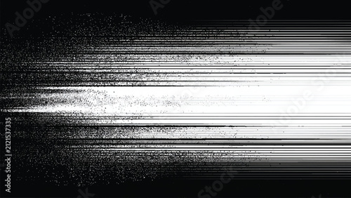 Abstract black and white background, with horizontal lines, grainy texture, and, light streaks fading, from left to right