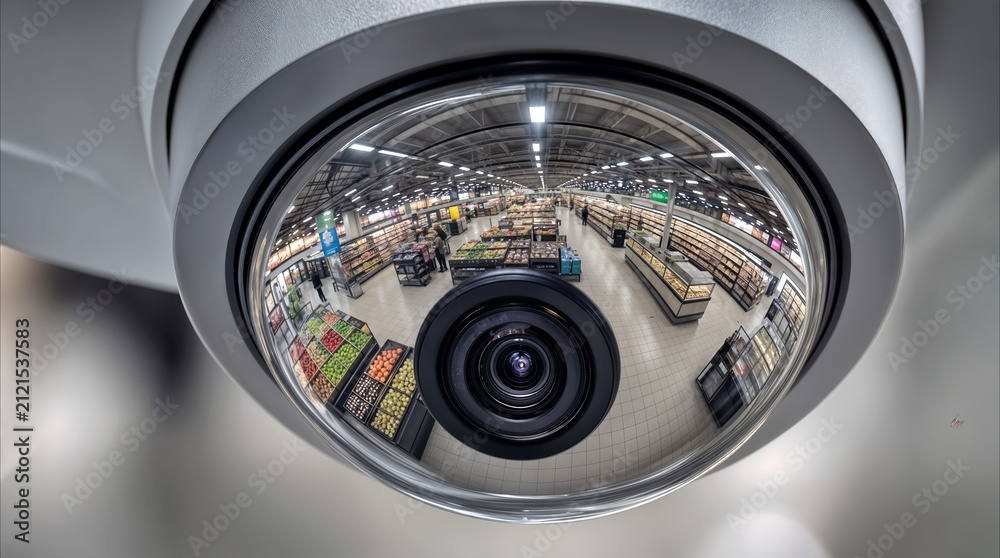 Obraz premium Security camera monitoring grocery store aisles. Surveillance system recording retail activity in modern supermarket.