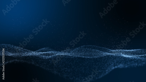 Abstract dark blue particle wave landscape background with glowing dust.