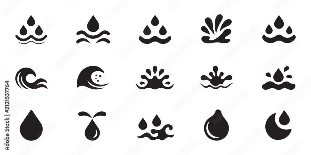 Obraz premium Water drops and splashes icons collection, flowing liquid symbols on transparent background.