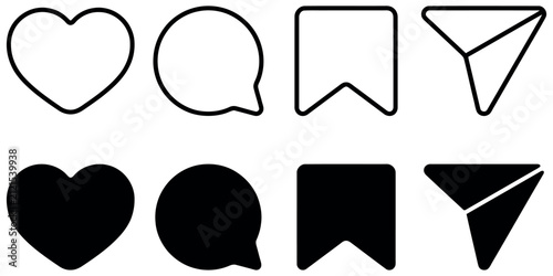 Set of social media interface icons including heart like comment bubble save and share symbols.