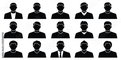 Set of male business professional avatar icons in black silhouette with business