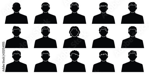 Set of businessman profile icons in solid black silhouette style with silhouette
