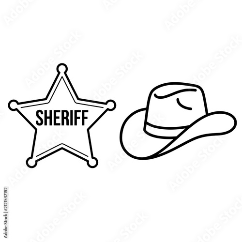 Sheriff star badge and cowboy hat, simple line art vector illustration on white background