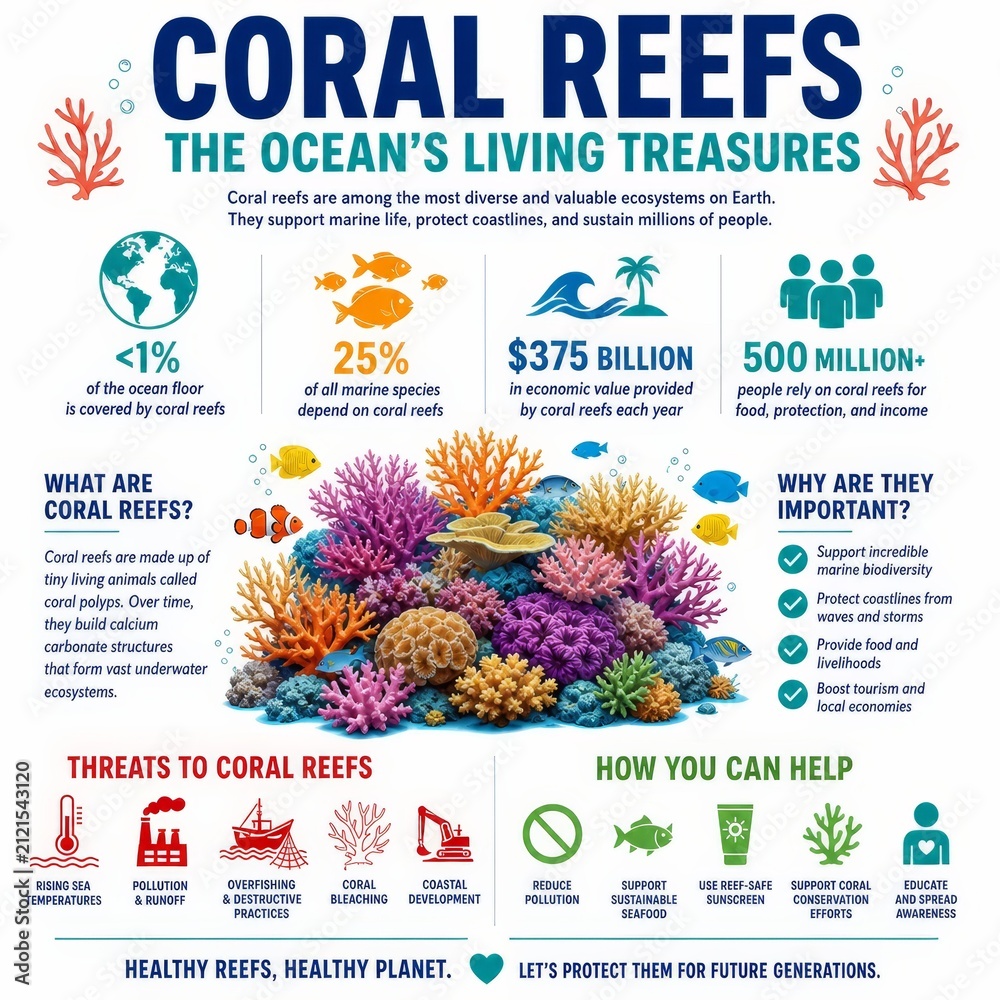 Fototapeta premium Coral Reefs Educational Infographic about Marine Life Conservation and Environmental Protection