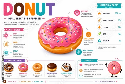 Colorful Donut Infographic with Nutrition Facts Popular Varieties and History
