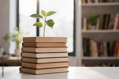 Jeune plante poussant sur une pile de livres, concept d'éducation, apprentissage, développement personnel, croissance des connaissances, écologie et avenir durable