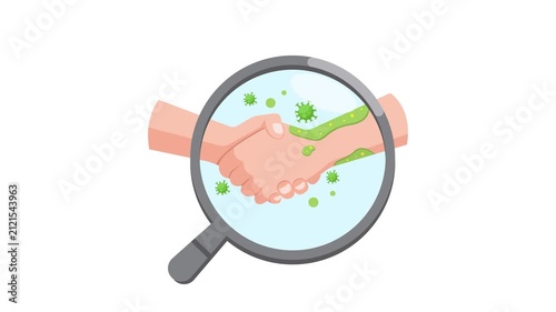 4K animation of a handshake under a magnifying glass revealing bacteria and germs on hands, symbolizing hygiene, contamination, infection risk, disease transmission, and health awareness.