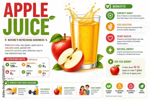 Fresh Apple Juice Infographic Design with Health Benefits, Nutrition Facts, and Natural Ingredients