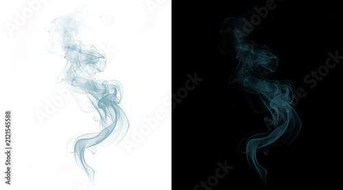Ethereal blue smoke swirls on white and black backgrounds, wispy vapor trails and mystical steam clouds, elegant cigarette smoke texture for design overlays