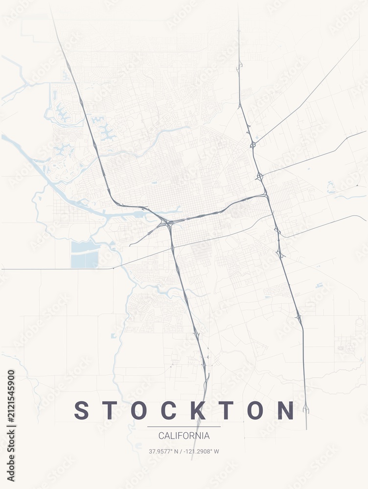 Obraz premium Modern Stockton City Map Poster Design, Pastel Dream Style Urban Street Grid Cartography