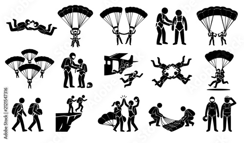 Canvas Print Skydiving and parachuting extreme sports silhouettes set featuring skydivers jum