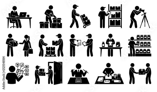 Logistics and warehouse operations icons set featuring courier delivery service, order packing, stock management, parcel shipping, inventory tracking, and supply chain retail workers vector illustrati