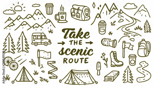 Foto adventure themed line art illustration with camping gear mountains and travel el