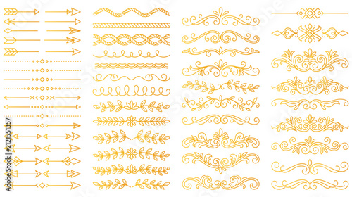 Golden ornamental dividers and arrows set with elegant filigree scrolls and line borders.