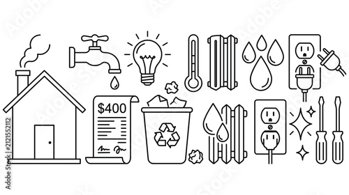 Home energy efficiency line icons set depicting utilities water consumption and maintenance.