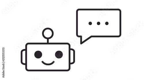 Smiling robot with speech bubble chatbot vector icon. Black line art style on white background. Artificial intelligence customer support, virtual assistant, and automated online chat concept.