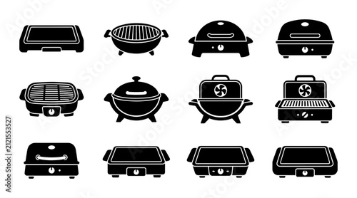 Electric Grill and Griddle Icons, Kitchen Appliance Vector Set, Cooking Equipment Collection for Food Preparation