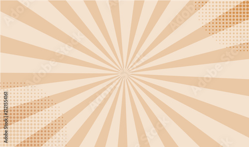 Beige Vintage Sunburst Radial Rays Background with Halftone Corner Overlay, Retro Comic Pop Art Burst Backdrop, Vector Starburst Wallpaper 