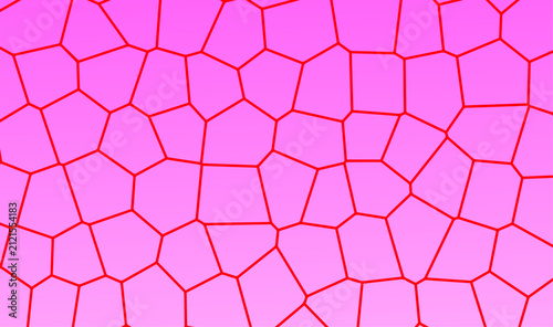 Bright Pink Mosaic Grid Cell Pattern Background with Red Lines, Abstract Voronoi Geometric Cracked Texture Backdrop, Vector Overlay 