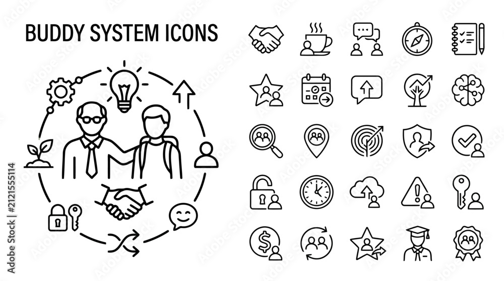 Fototapeta premium Buddy system icons set, mentorship and partnership concept, vector illustration