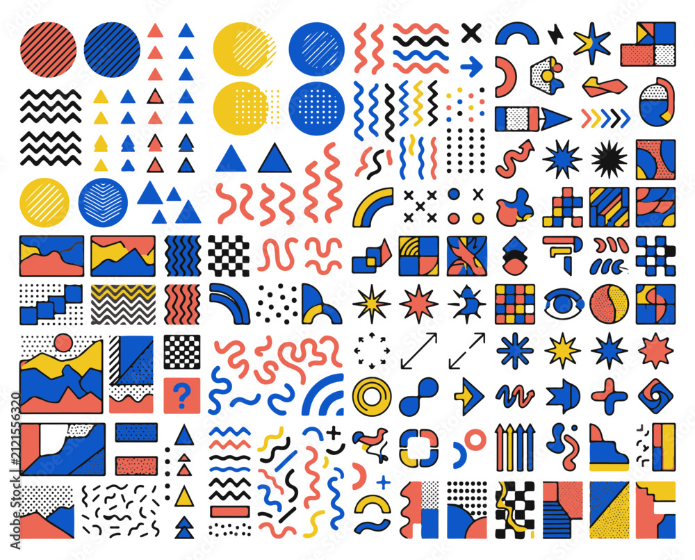 Fototapeta premium Retro Memphis Style Abstract Geometric Shapes and Patterns Collage