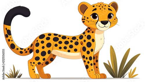Cute cartoon giraffe standing in green field.