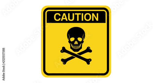 Foto A yellow square caution sign with a black border, featuring the word 'CAUTION' and a skull and crossbones symbol, indicating danger or warning