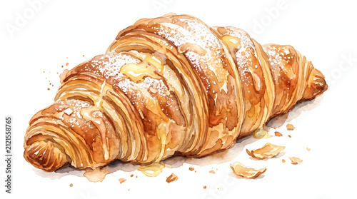 Freshly baked golden croissant with powdered sugar watercolor illustration on white background