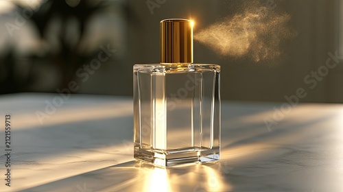 Clear glass bottle with gold cap spraying fine mist in warm light