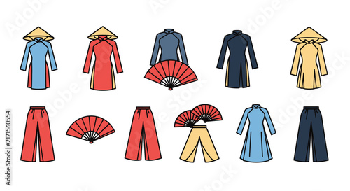 Traditional Vietnamese Ao Dai and Conical Hats with Hand Fans Collection.