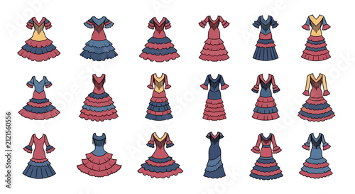Vibrant Collection of Traditional Flamenco Dresses in Various Colors and Styles.
