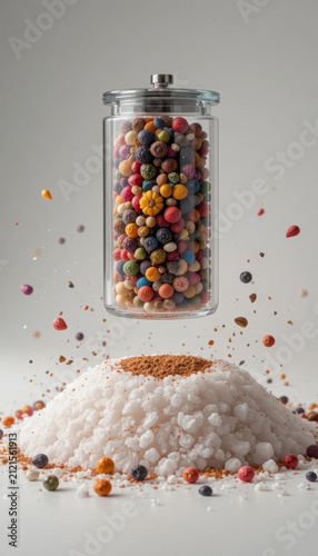Glass jar filled with colorful candies hovers above mound of coarse salt, creating striking contrast between vibrant colors of sweets and white salt. scene evokes sense of whimsy and curiosity