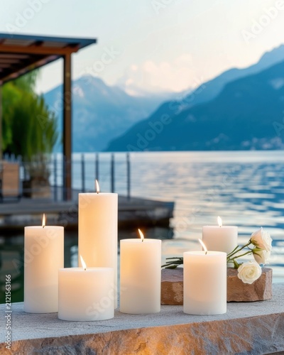 A beautiful vertical shot of multiple white pillar candles of different heights burning on a stone terrace. In the background, a soft twilight blue sky