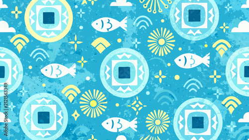 Bild auf Leinwand traditional pattern with fish and sun motifs on blue background ornament design