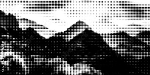 Mountain with halftone stipple effect, for grunge punk y2k collage design. Brutalist noisy retro photocopy background with mound. Vector illustration for vintage banner, music poster