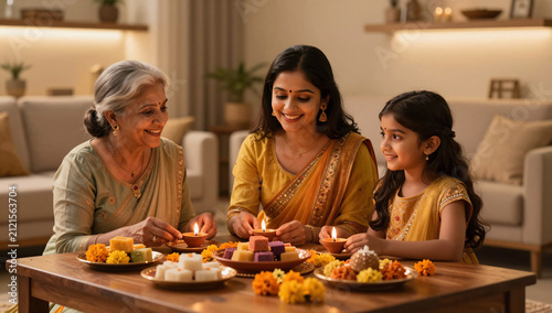 Multigenerational Indian Family Celebrating Diwali with Diyas and Sweets