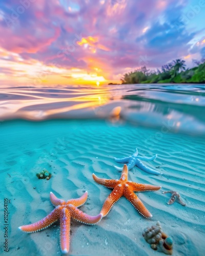 Colorful split water line photograph. Below: group of bright blue and orange starfish on a coral bed. Above: a calm ocean surface reflecting